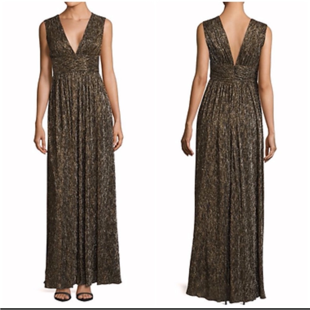 Aidan‎ Mattox Metallic Vneck Black Gold Dress Gown